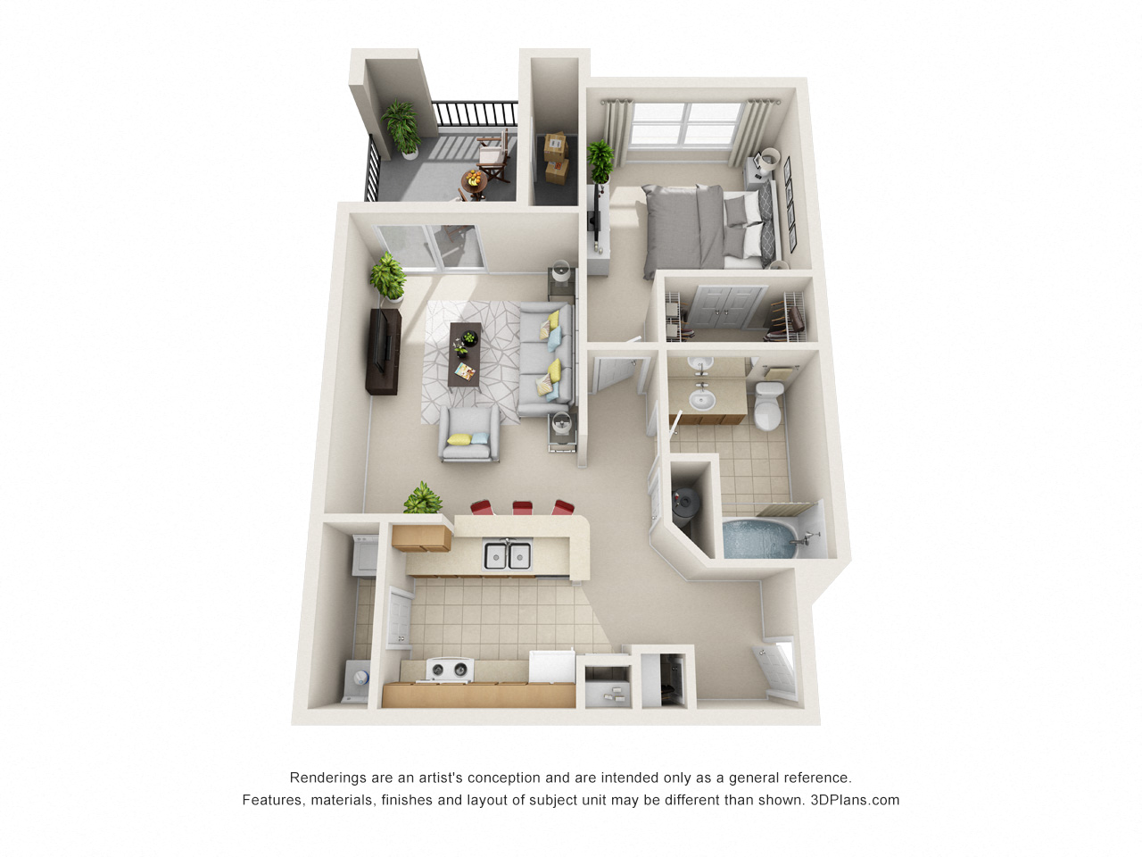 Floor plan for 1 bed, 1 bath, 697 sqft